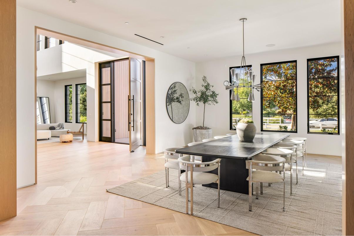 Dining room, Interior, Pendant Lights, Recessed Lighting, Wood Texture Flooring