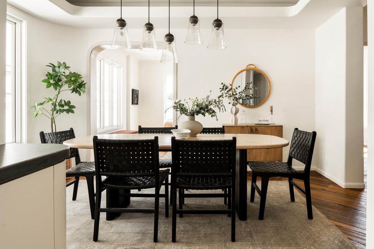 Dining room, Interior, Pendant Lights, Wood Texture Flooring