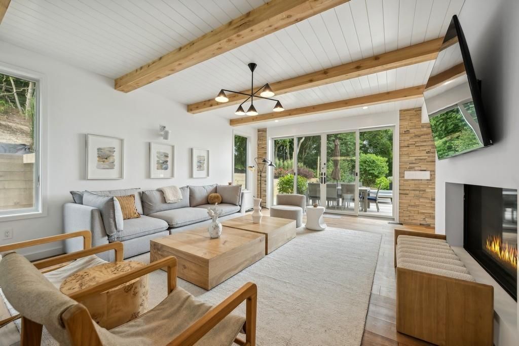 Fireplace, Interior, Living room, Pendant Lights, Wooden Beams, Wood Texture Flooring