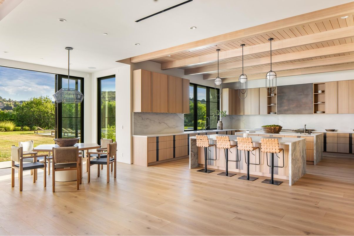 Dining room, Interior, Kitchen, Pendant Lights, Recessed Lighting, Wooden Ceilings, Wood Texture Flooring