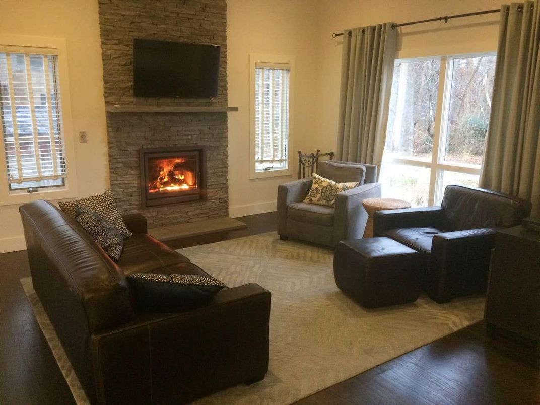 Fireplace, Interior, Living room, Stone Walls, Wood Texture Flooring