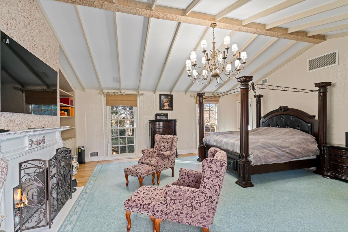 Bedroom, Chandelier, Fireplace, Interior, Wooden Beams