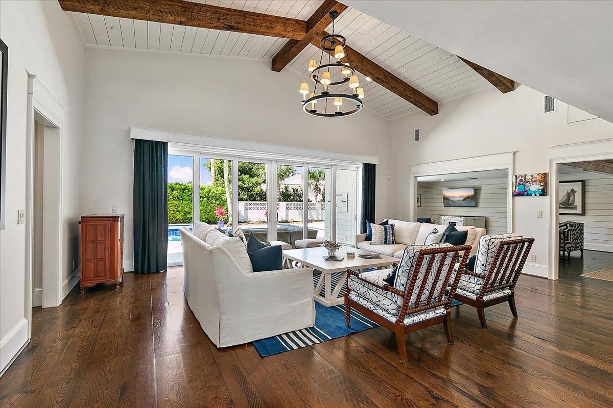 Chandelier, Dining room, Interior, Living room, Wooden Beams, Wood Texture Flooring