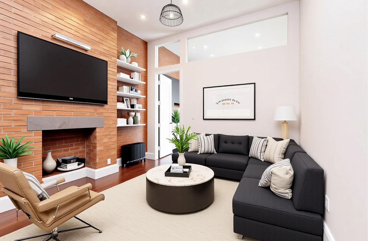 Fireplace, Interior, Living room, Recessed Lighting, Stone Walls, Wood Texture Flooring, Wooden Walls