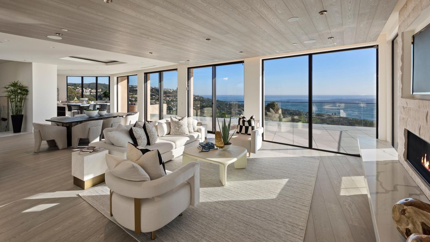 Dining room, Fireplace, Interior, Living room, Recessed Lighting, Water, Wooden Ceilings, Wood Texture Flooring
