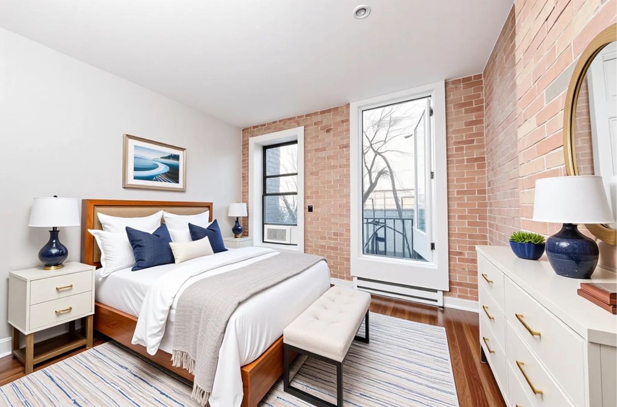 Bedroom, Interior, Recessed Lighting, Stone Walls, Wood Texture Flooring