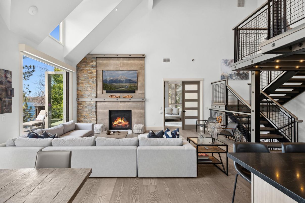 Fireplace, Interior, Living room, Stone Walls, Wood Texture Flooring