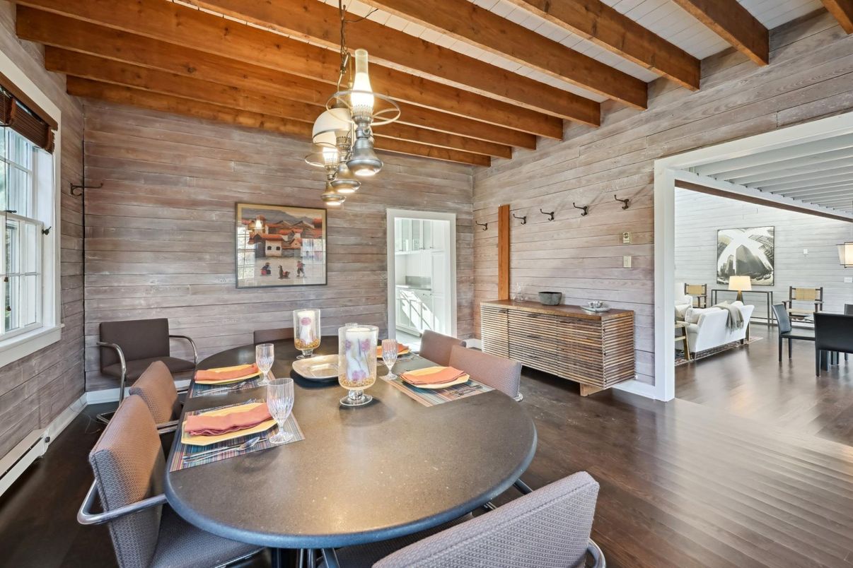 Dining room, Interior, Living room, Pendant Lights, Wooden Beams, Wood Texture Flooring, Wooden Walls