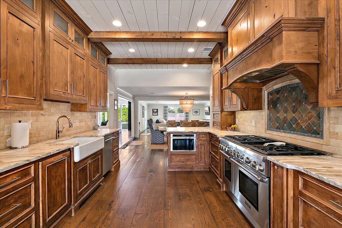 Interior, Kitchen, Pendant Lights, Recessed Lighting, Stainless Steel Appliances, Wooden Beams, Wood Texture Flooring