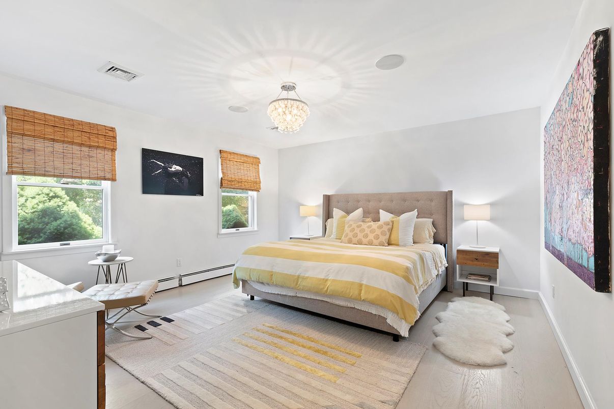 Bedroom, Chandelier, Interior, Wood Texture Flooring