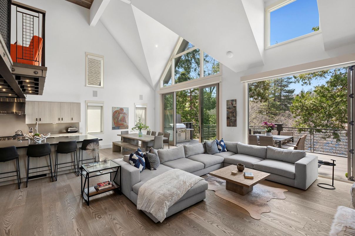 Dining room, Interior, Kitchen, Living room, Recessed Lighting, Stainless Steel Appliances, Wood Texture Flooring