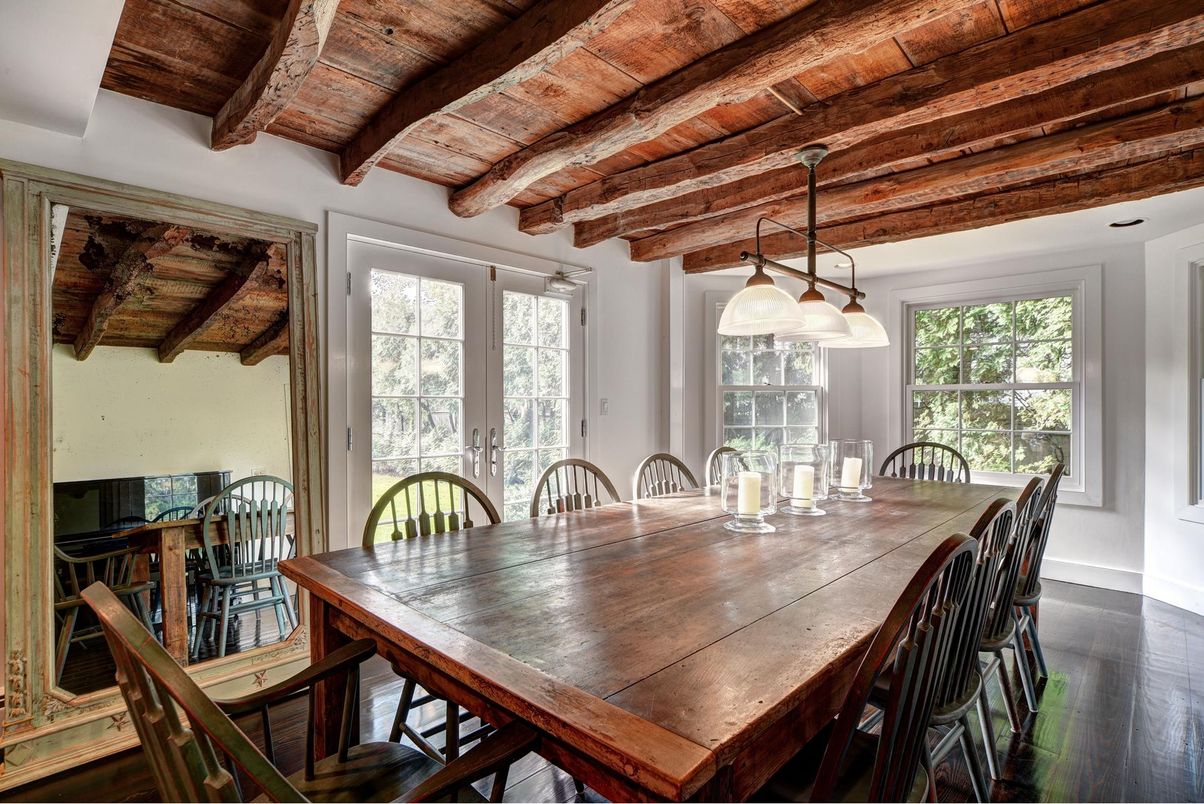 Dining room, Interior, Pendant Lights, Wooden Beams, Wooden Ceilings, Wood Texture Flooring
