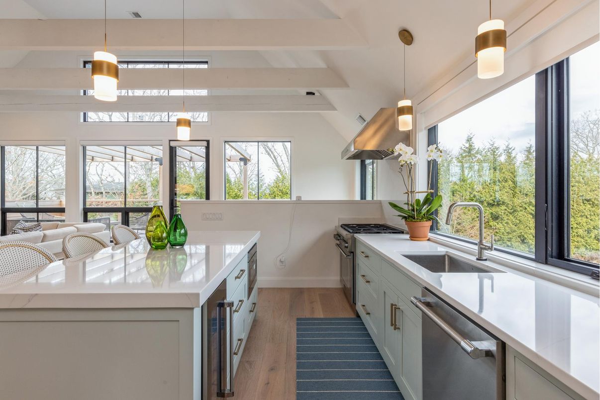 Interior, Kitchen, Pendant Lights, Stainless Steel Appliances, Wood Texture Flooring