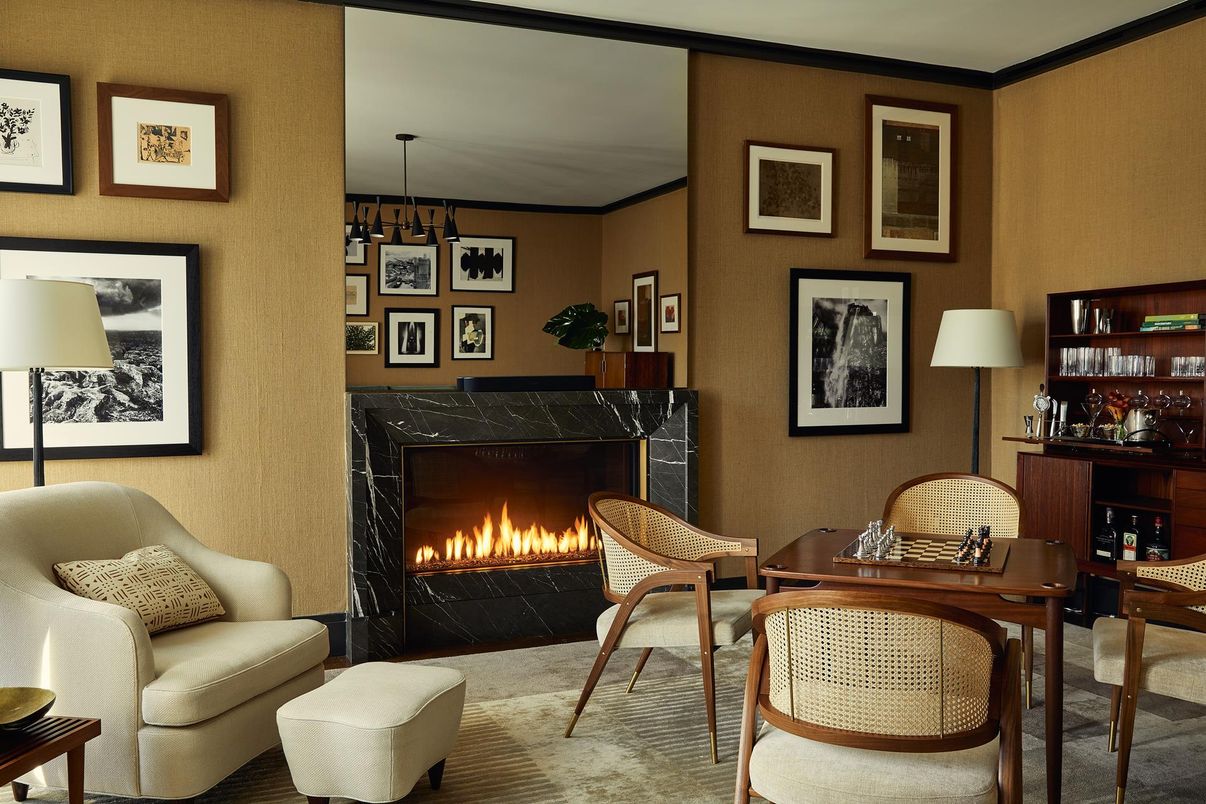 Dining room, Fireplace, Interior, Pendant Lights