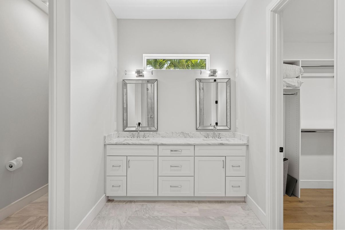 Bathroom, Dual Sink Vanities, Interior, Marble, Wood Texture Flooring