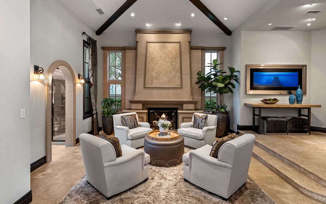 Fireplace, Interior, Living room, Recessed Lighting, Wooden Beams