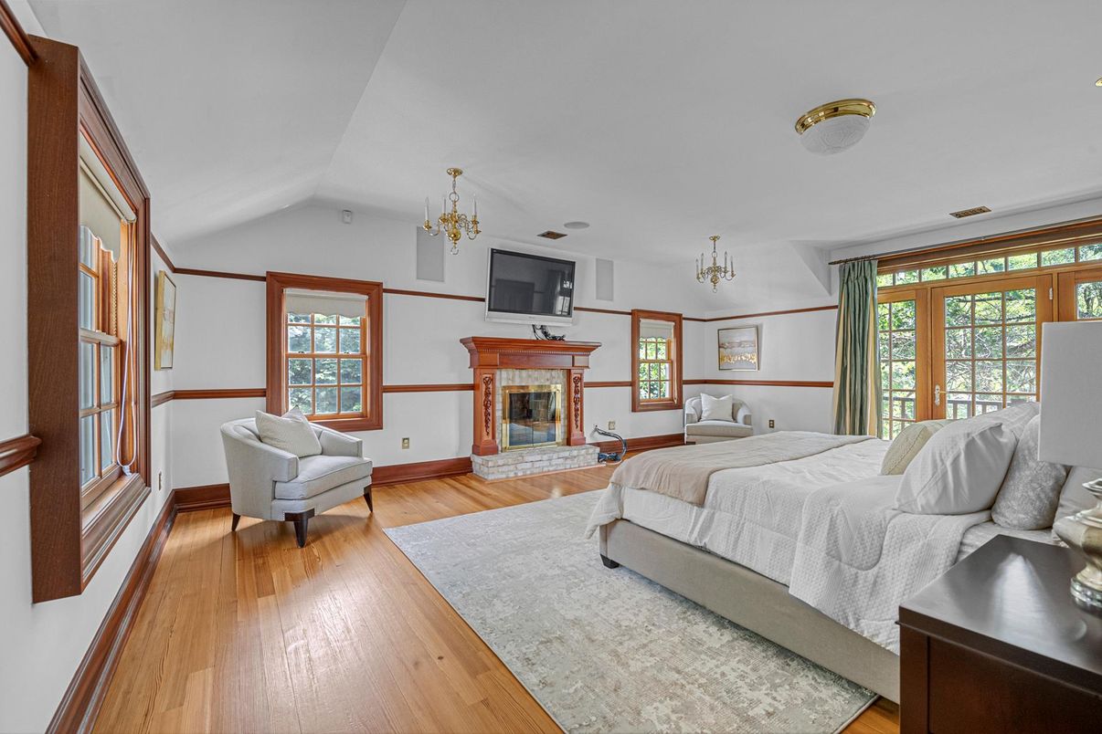 Bedroom, Fireplace, Interior, Wood Texture Flooring