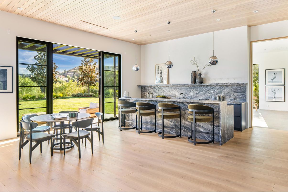 Dining room, Interior, Pendant Lights, Recessed Lighting, Wooden Ceilings, Wood Texture Flooring