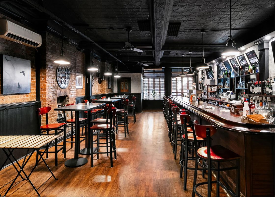 Dining room, Interior, Pendant Lights, Stone Walls, Wood Texture Flooring