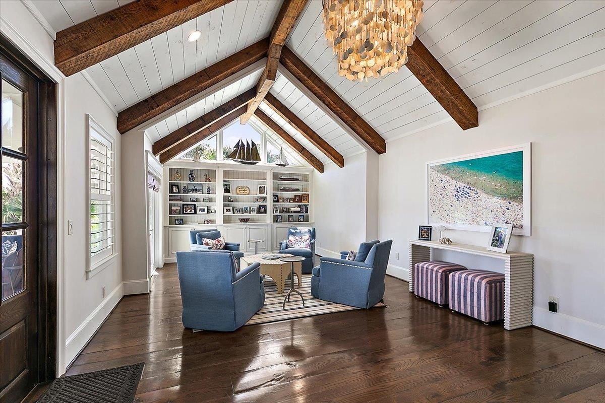 Chandelier, Interior, Living room, Wooden Beams, Wood Texture Flooring