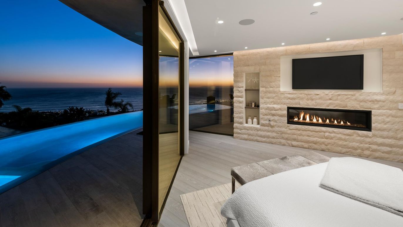 Fireplace, Interior, Living room, Recessed Lighting, Water, Wood Texture Flooring