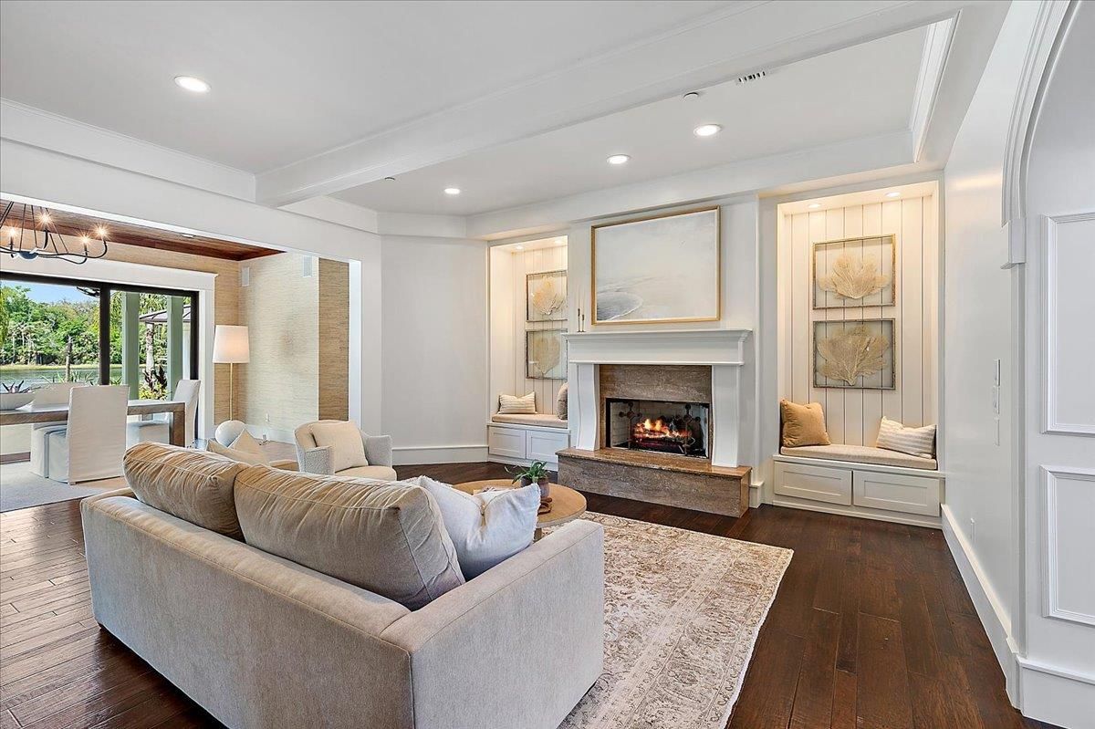 Dining room, Fireplace, Interior, Living room, Recessed Lighting, Wood Texture Flooring