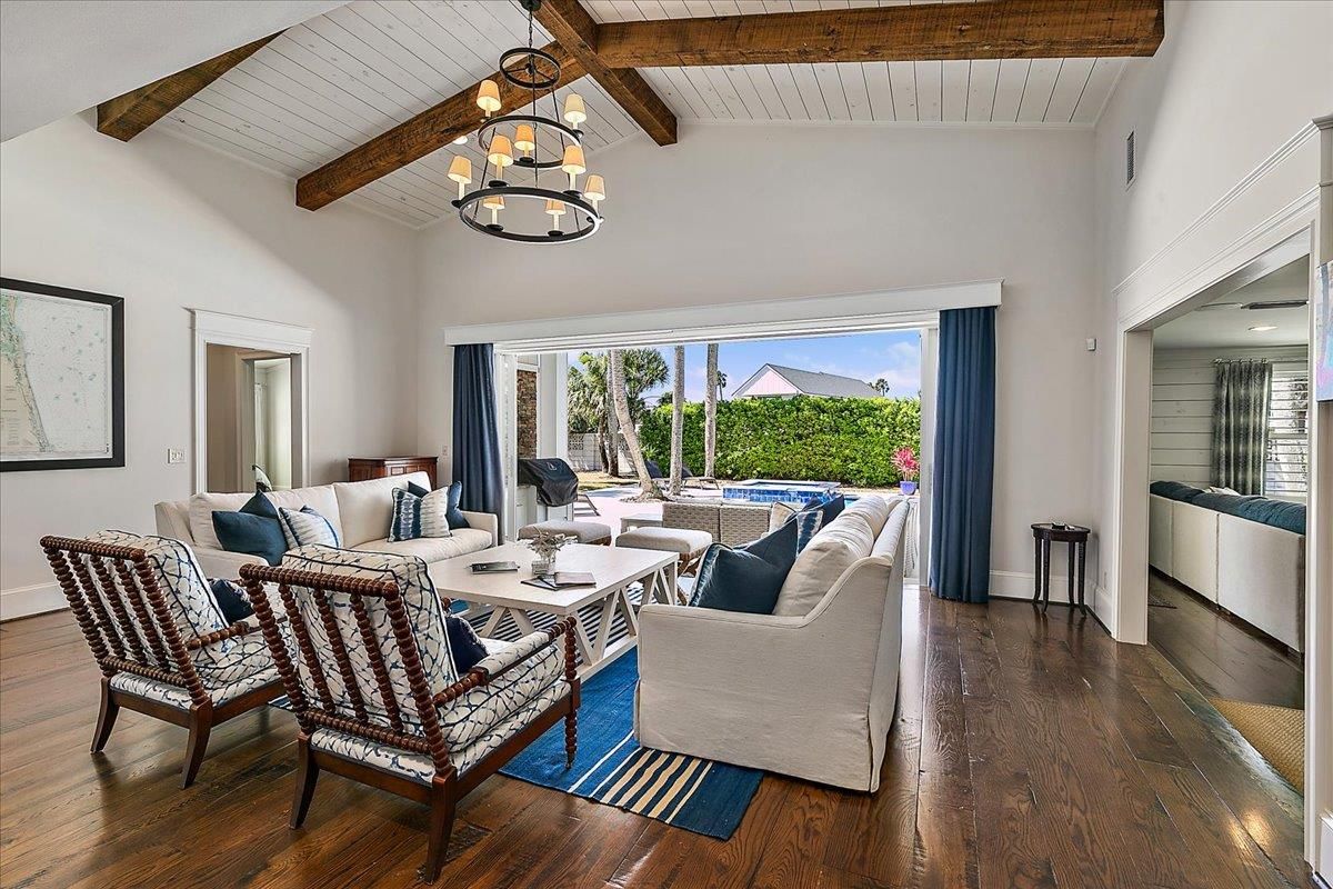 Chandelier, Interior, Living room, Wooden Beams, Wood Texture Flooring