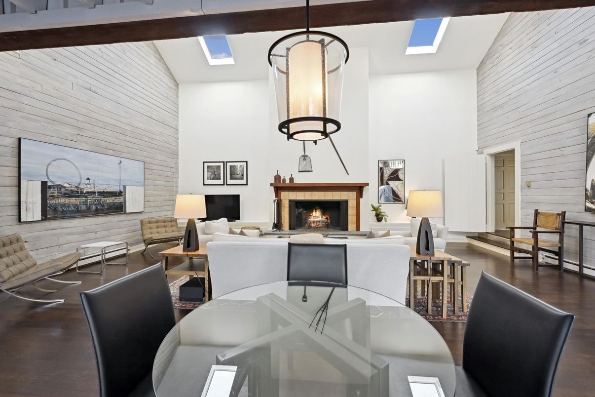 Dining room, Fireplace, Interior, Living room, Pendant Lights, Wooden Beams, Wooden Ceilings, Wood Texture Flooring, Wooden Walls