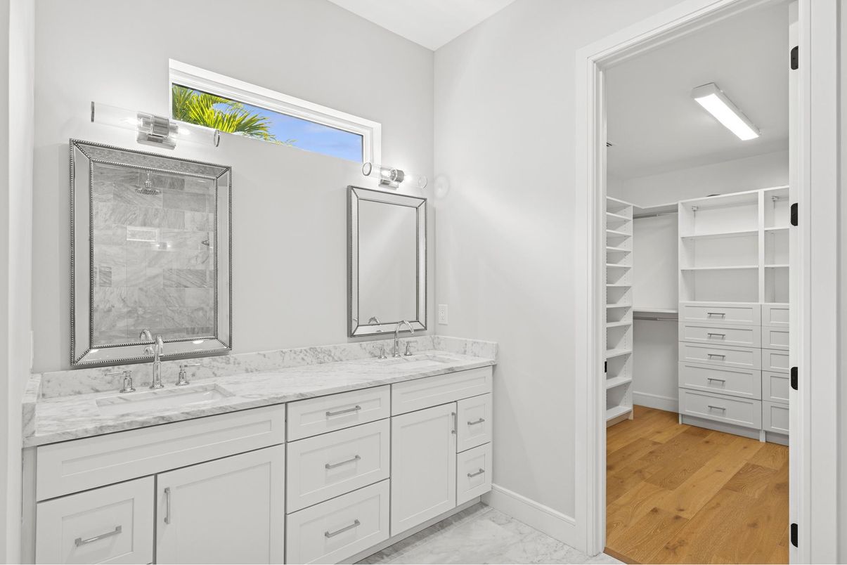Bathroom, Dual Sink Vanities, Interior, Marble, Walk-in Closets, Wood Texture Flooring