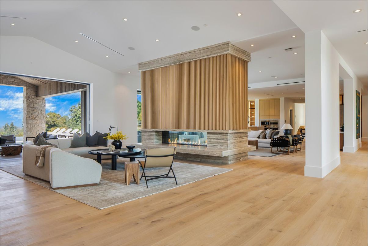 Fireplace, Interior, Living room, Recessed Lighting, Wood Texture Flooring