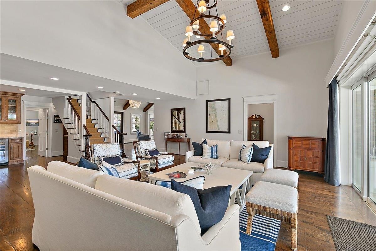 Chandelier, Interior, Kitchen, Living room, Recessed Lighting, Wooden Beams, Wood Texture Flooring