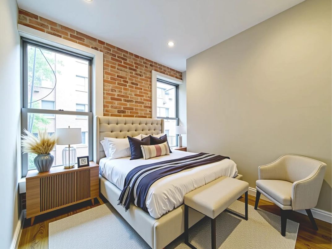 Bedroom, Interior, Recessed Lighting, Stone Walls, Wood Texture Flooring