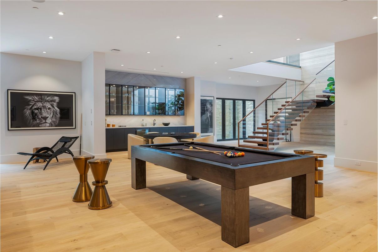 Billiard Table, Game Room, Interior, Recessed Lighting, Wood Texture Flooring