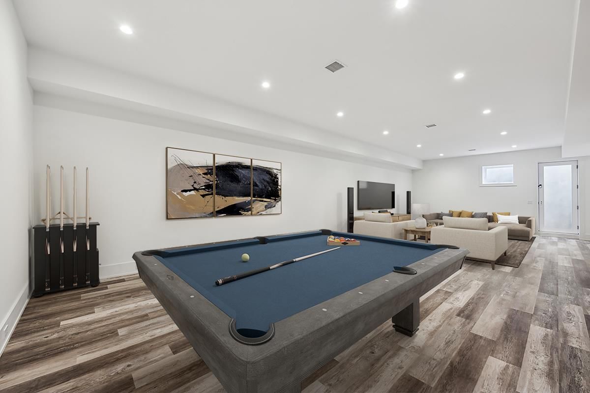 Billiard Table, Game Room, Interior, Living room, Recessed Lighting, Wood Texture Flooring