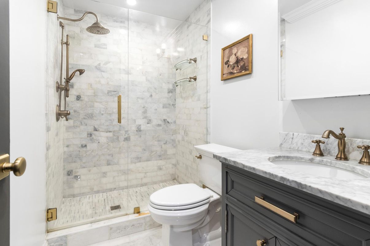 Bathroom, Glass Shower, Interior, Marble, Marble Walls, Recessed Lighting