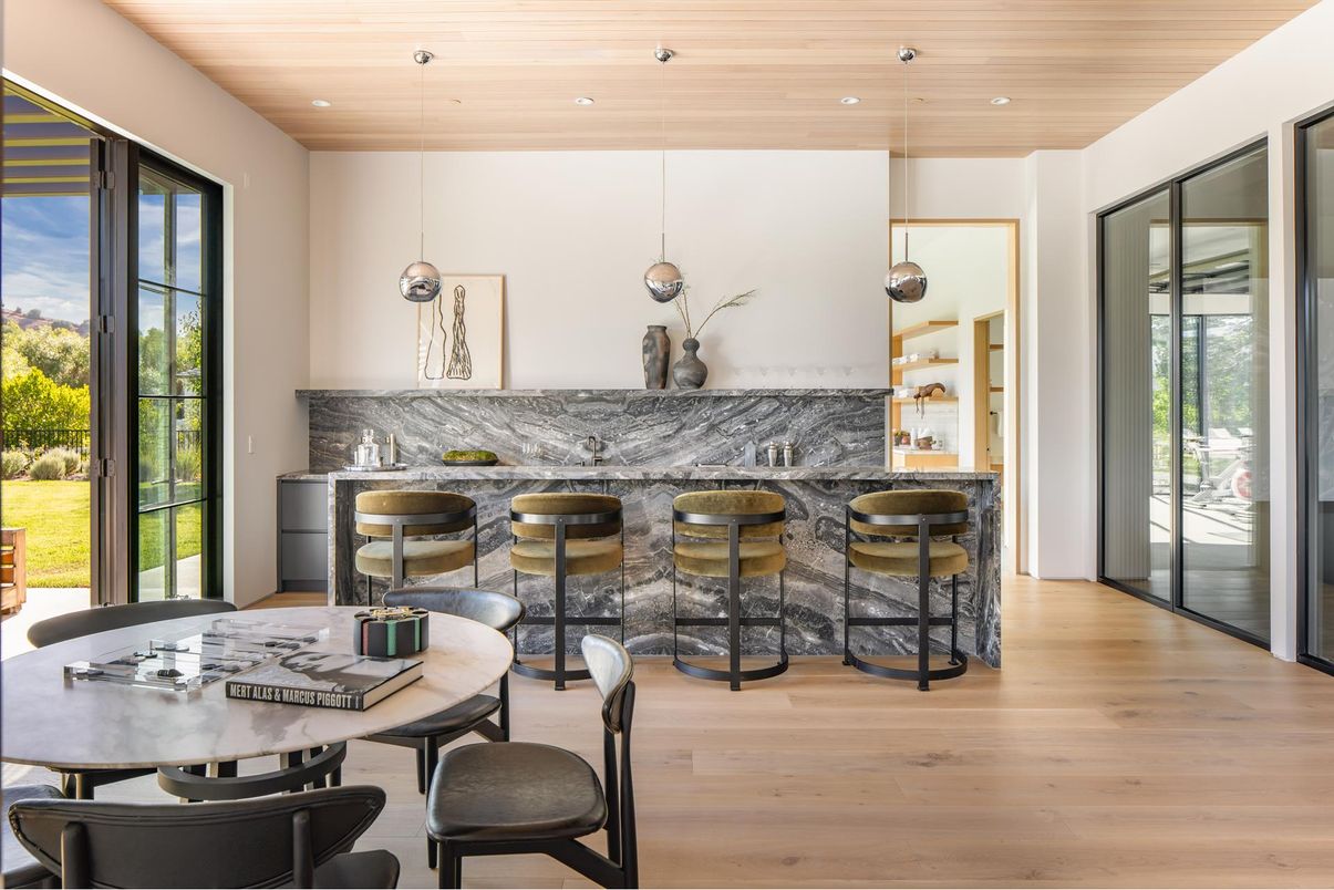 Dining room, Interior, Pendant Lights, Recessed Lighting, Wooden Ceilings, Wood Texture Flooring