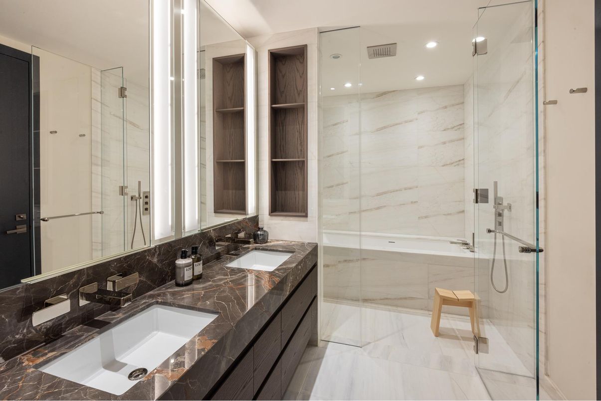 Bathroom, Dual Sink Vanities, Glass Shower, Interior, Marble, Marble Walls, Recessed Lighting