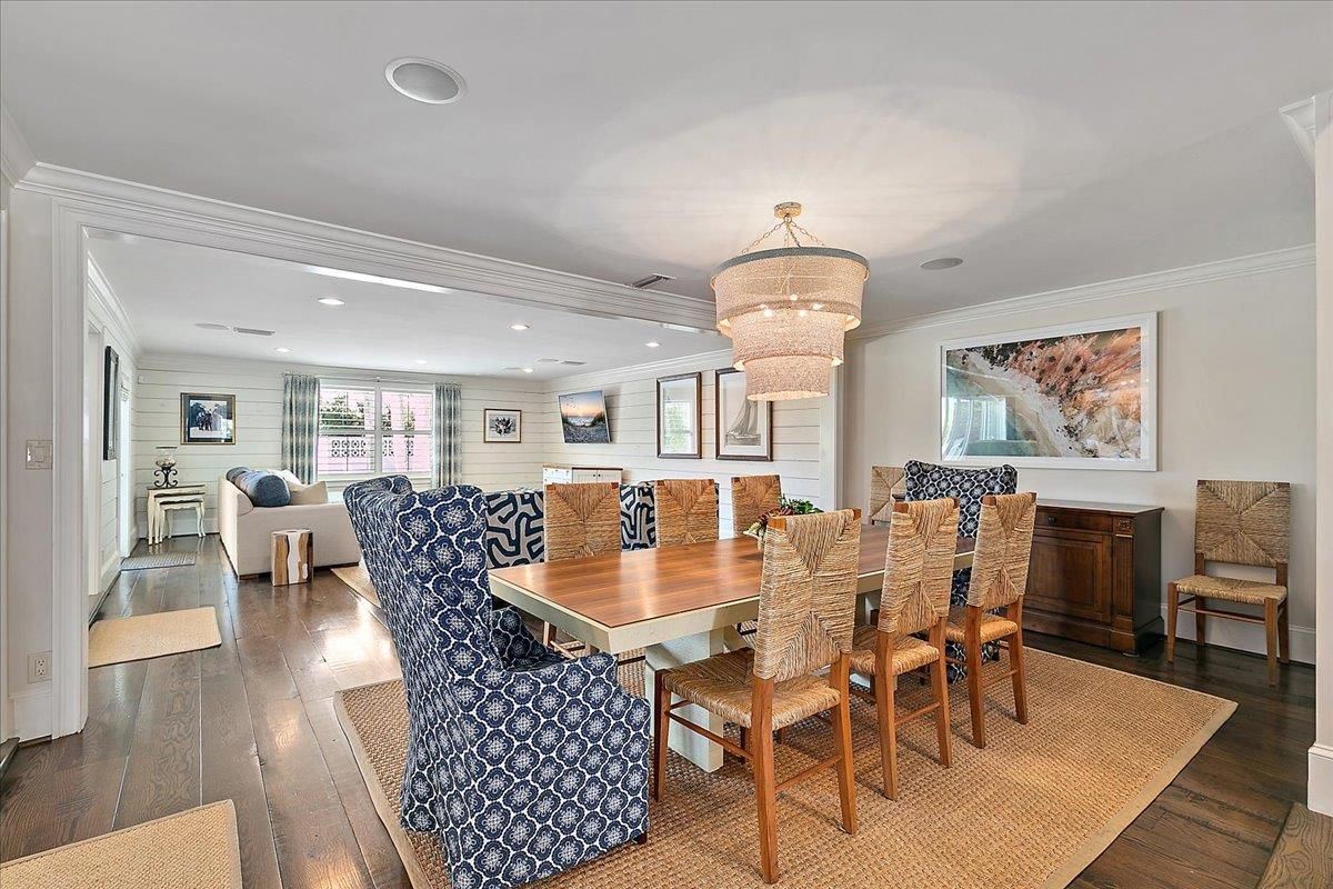 Chandelier, Dining room, Interior, Living room, Recessed Lighting, Wood Texture Flooring