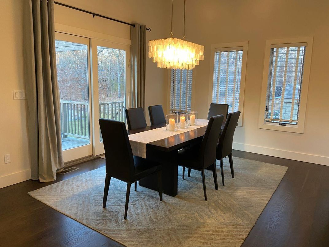 Chandelier, Dining room, Interior, Pendant Lights, Wood Texture Flooring