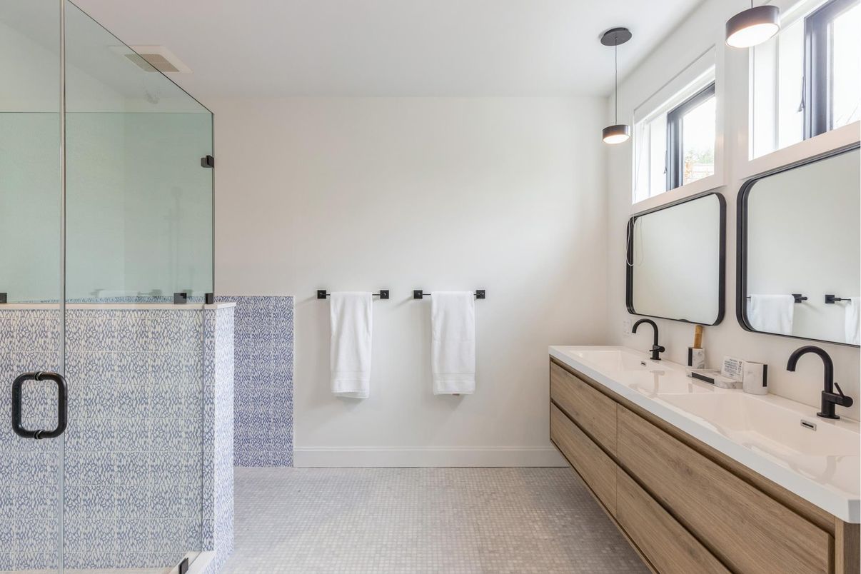 Bathroom, Dual Sink Vanities, Glass Shower, Interior, Pendant Lights