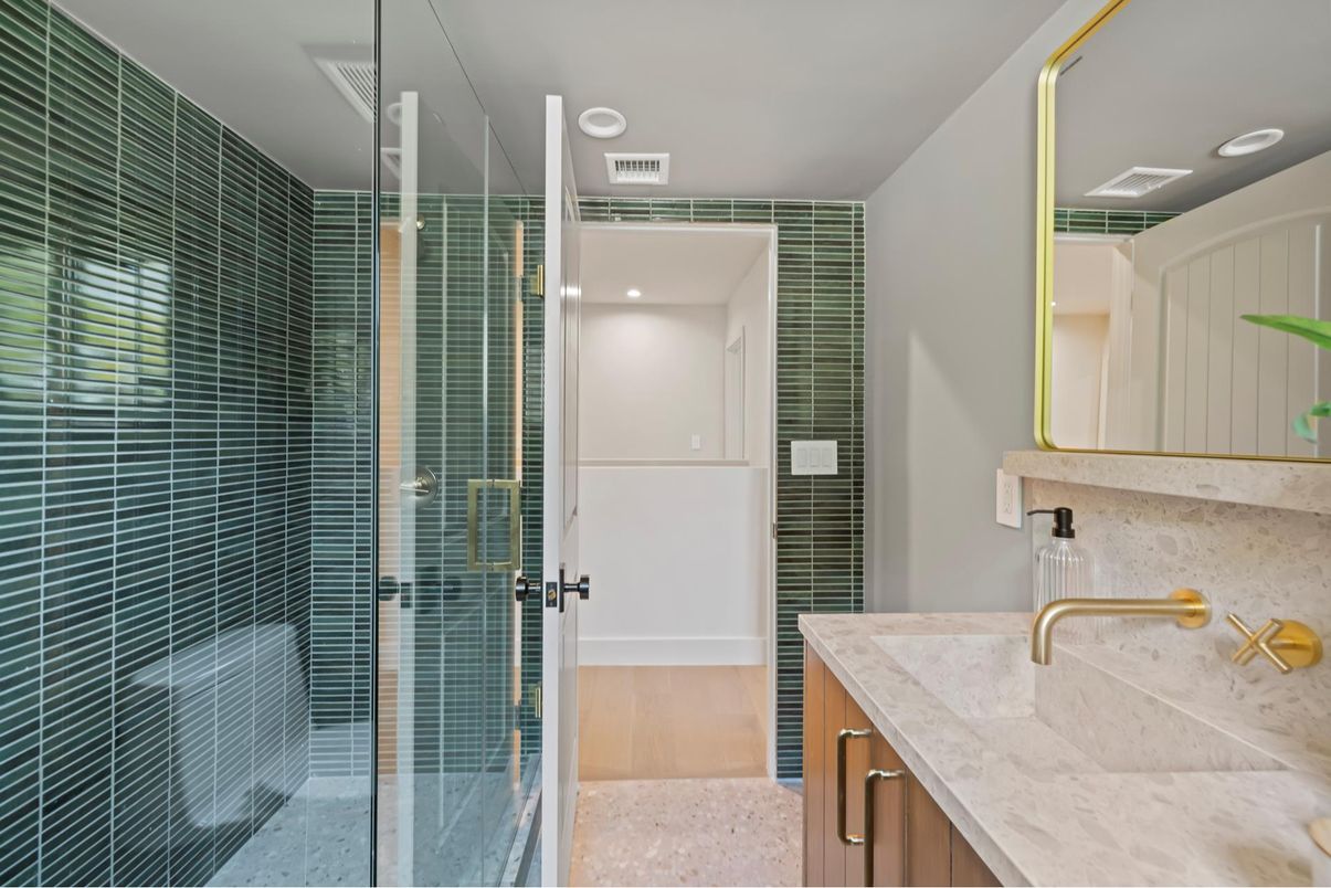 Bathroom, Glass Shower, Interior, Recessed Lighting, Wood Texture Flooring