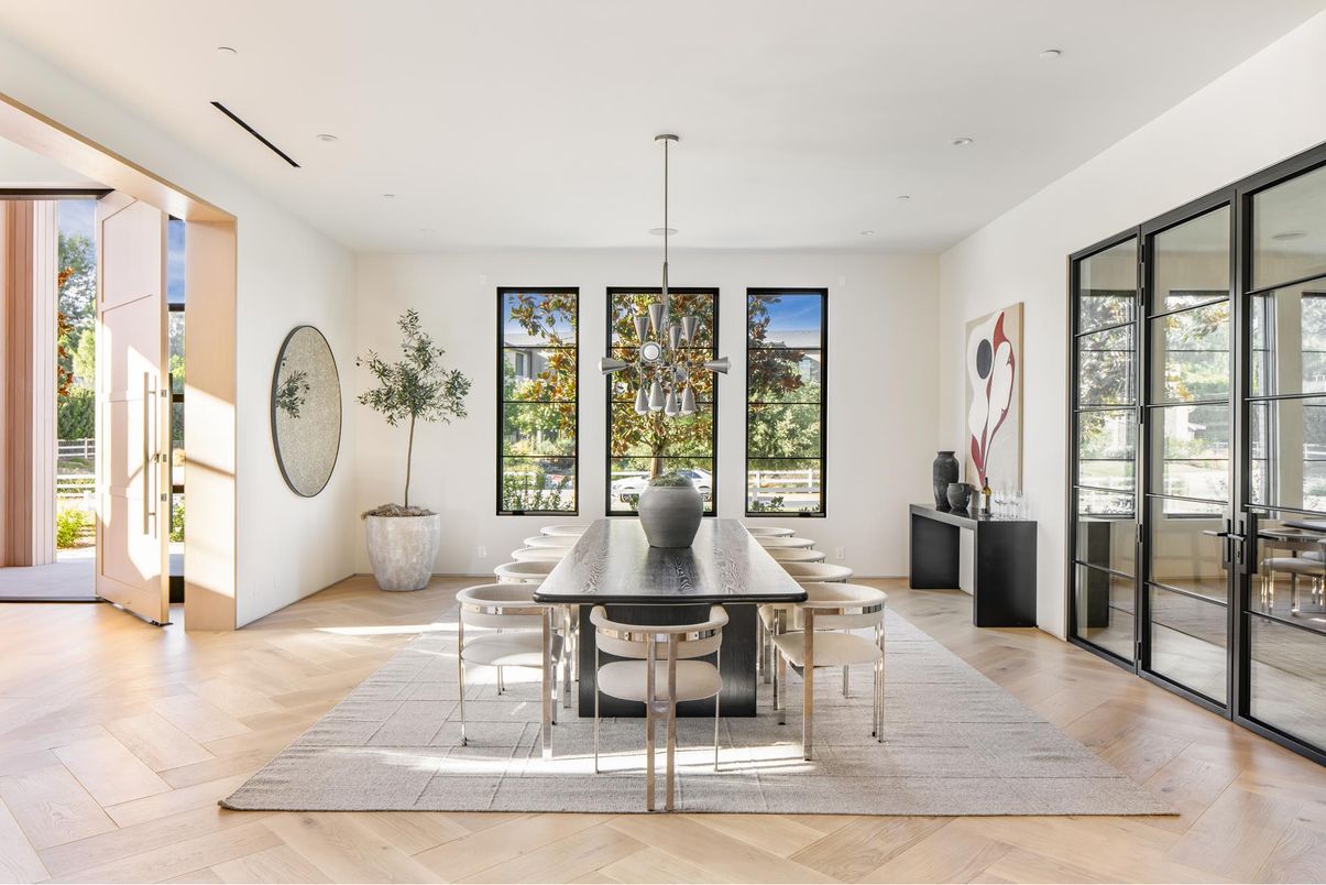 Dining room, Interior, Pendant Lights, Recessed Lighting, Wood Texture Flooring