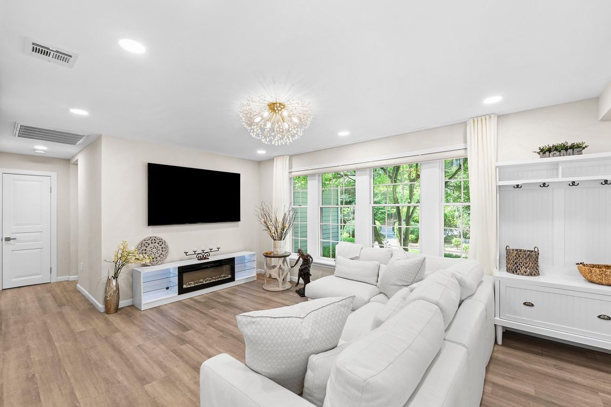 Chandelier, Fireplace, Interior, Living room, Recessed Lighting, Wood Texture Flooring