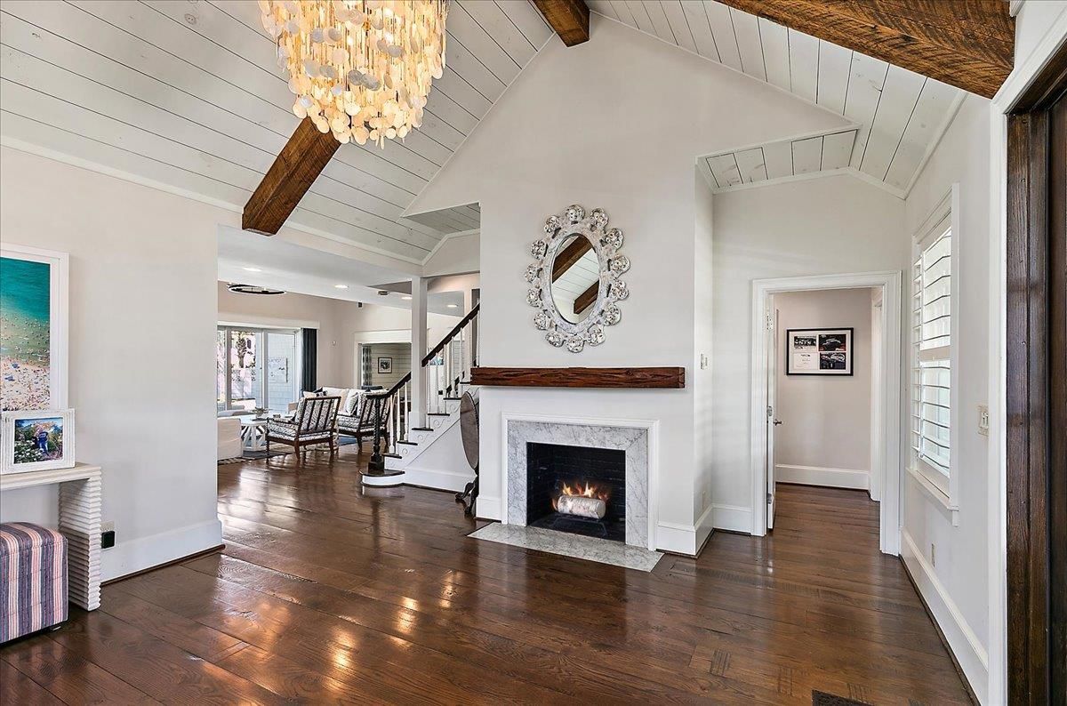 Chandelier, Fireplace, Interior, Wooden Beams, Wood Texture Flooring