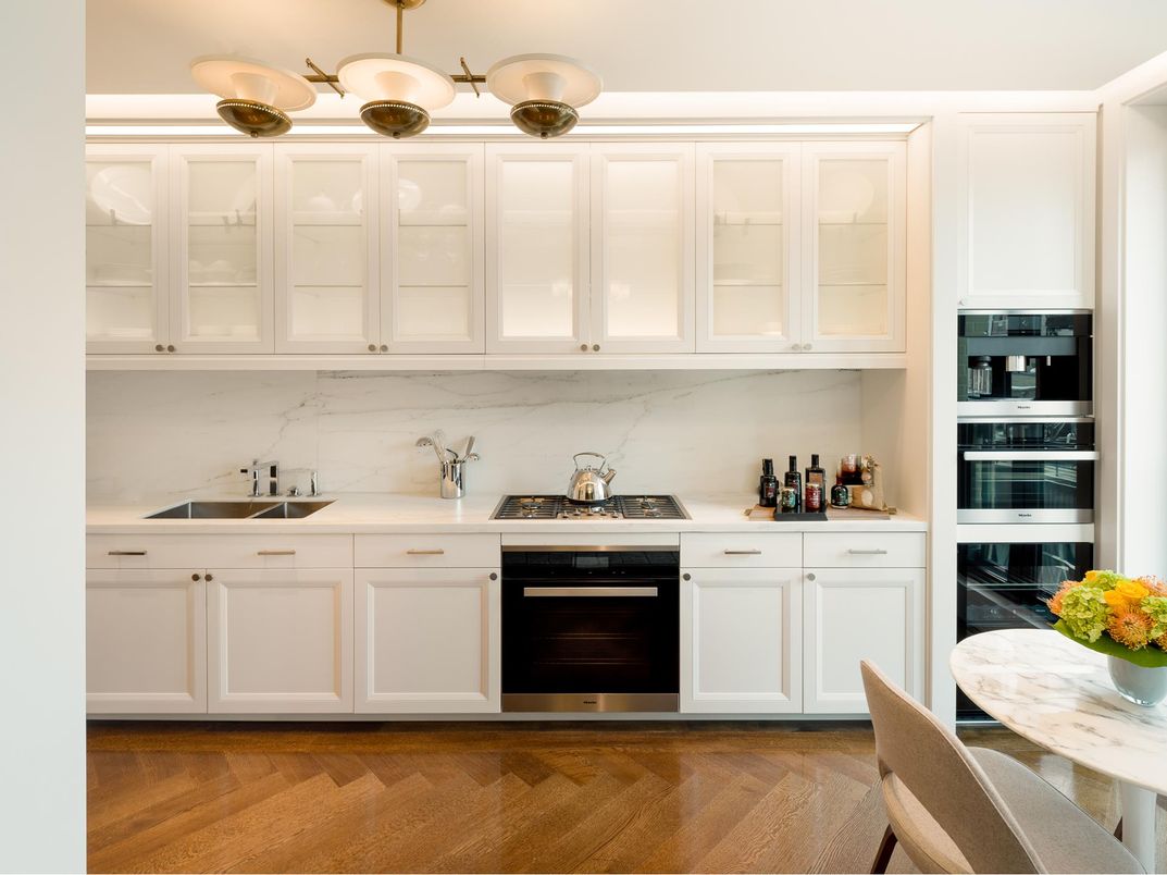 Interior, Kitchen, Marble Walls, Stainless Steel Appliances, Wood Texture Flooring