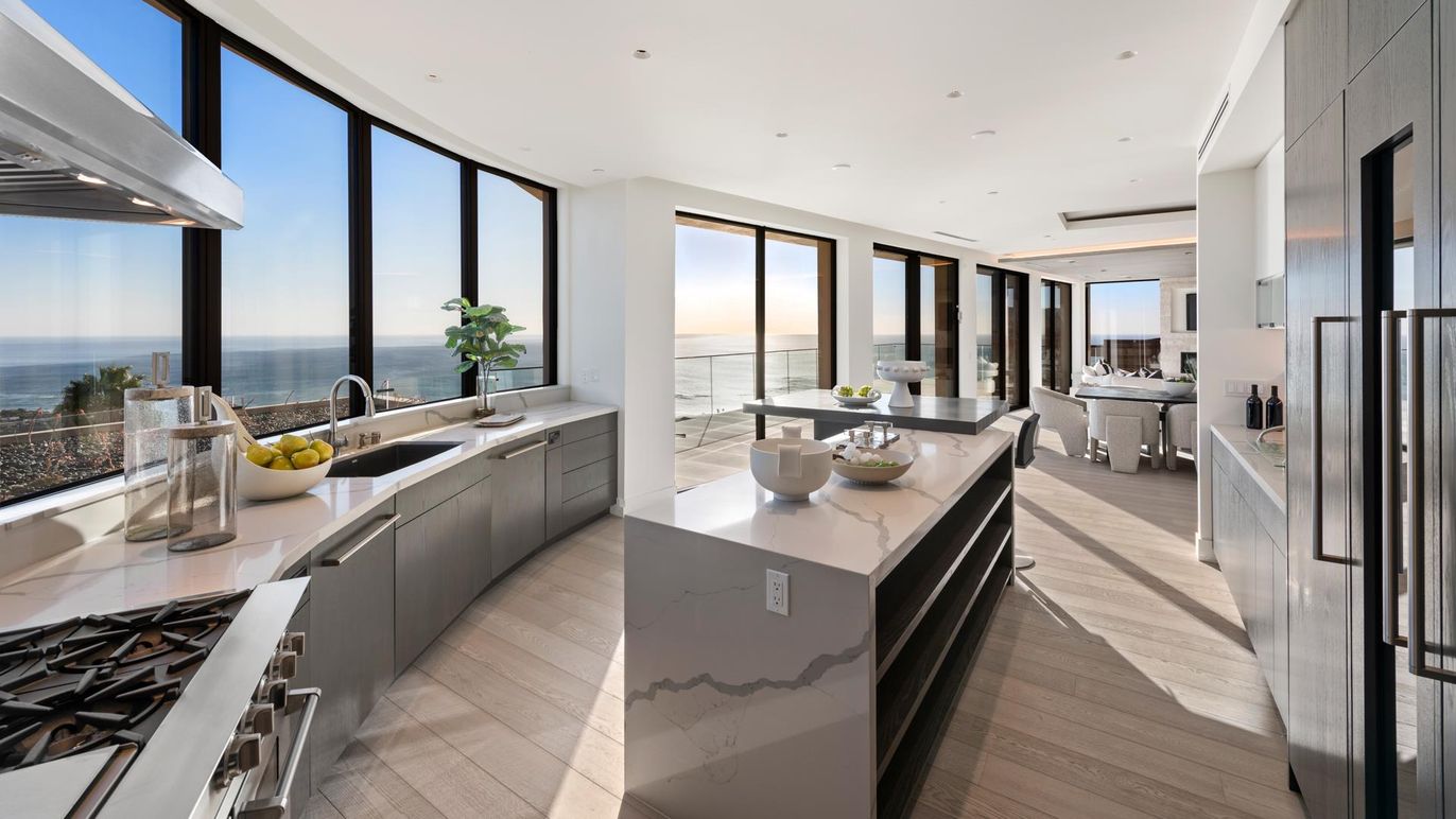 Dining room, Interior, Kitchen, Recessed Lighting, Stainless Steel Appliances, Water, Wood Texture Flooring