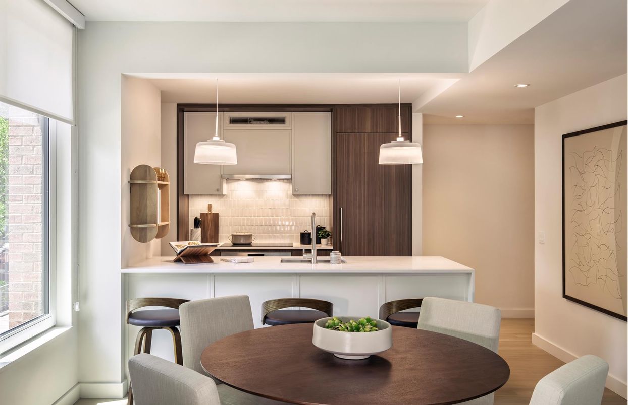 Dining room, Interior, Kitchen, Pendant Lights, Recessed Lighting, Wood Texture Flooring