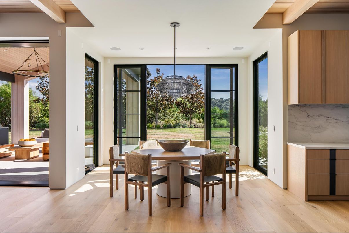 Dining room, Interior, Pendant Lights, Wood Texture Flooring