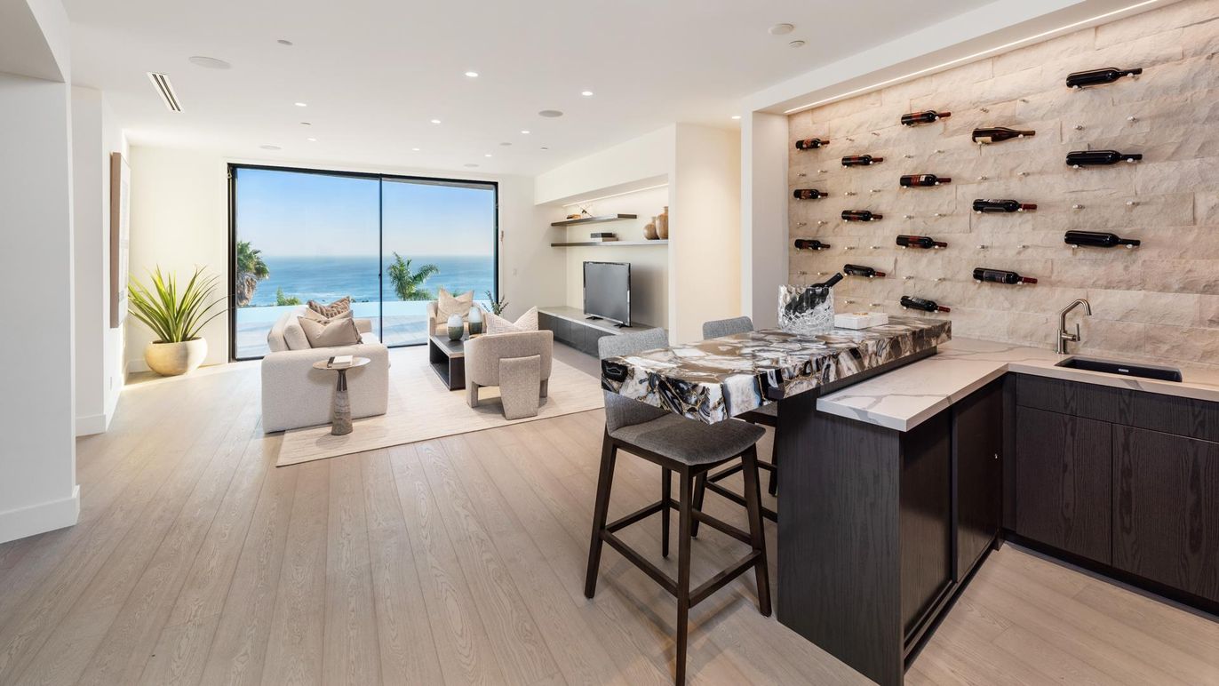 Interior, Living room, Recessed Lighting, Water, Wine Storage, Wood Texture Flooring