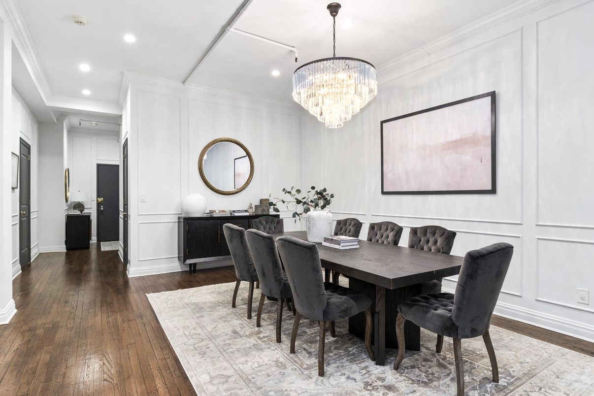 Chandelier, Dining room, Interior, Recessed Lighting, Wood Texture Flooring